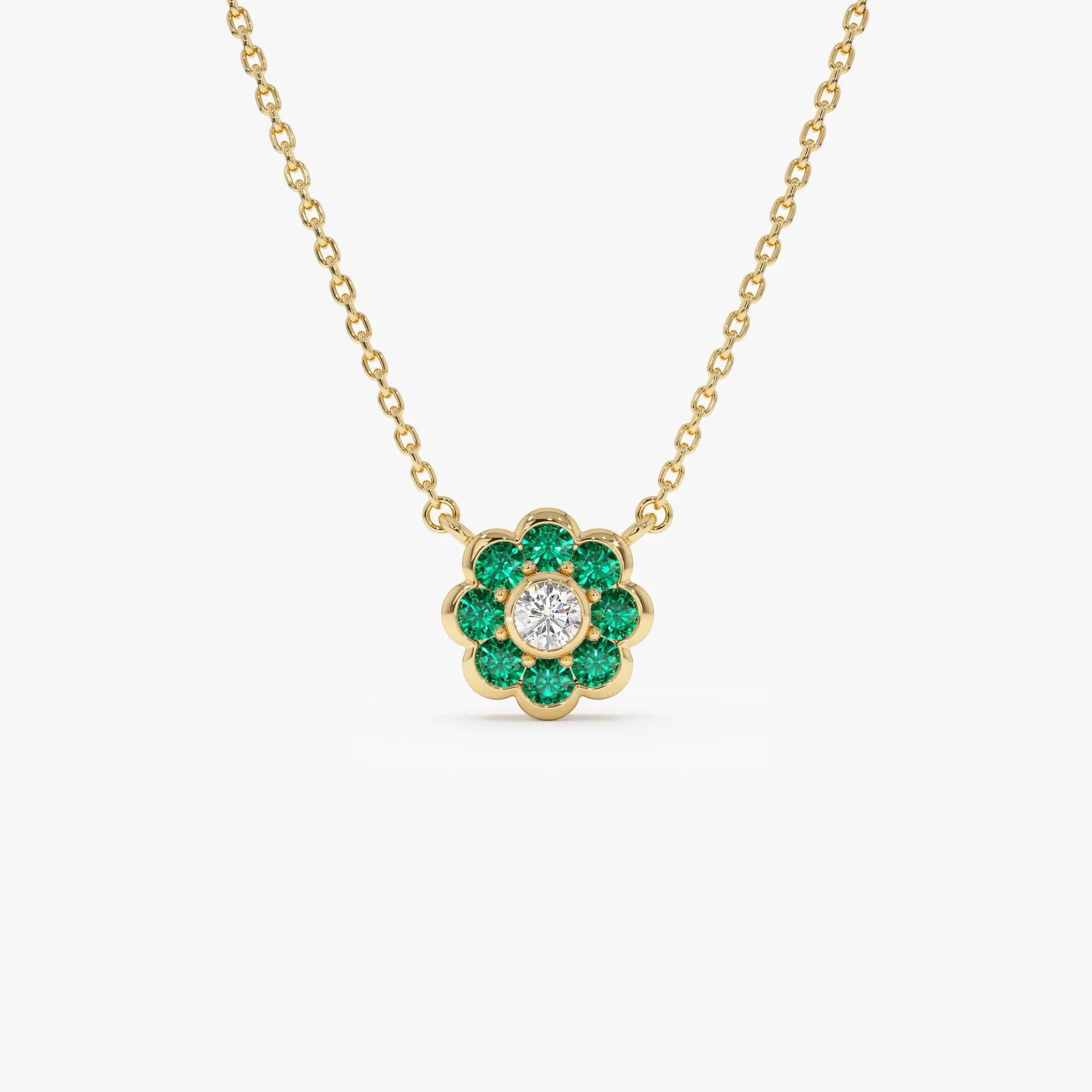 14K Bezel Setting Emerald Flower Diamond Necklace
