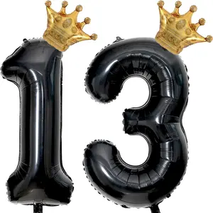 40 inch Large Black 13 Balloon Number with Gold Crown Balloons 13th Birthday Big Foil Mylar Helium Balloon for Boys Girls 13th Birthday Anniversary Decorations Supplies Favors(Number 13 Balloons)