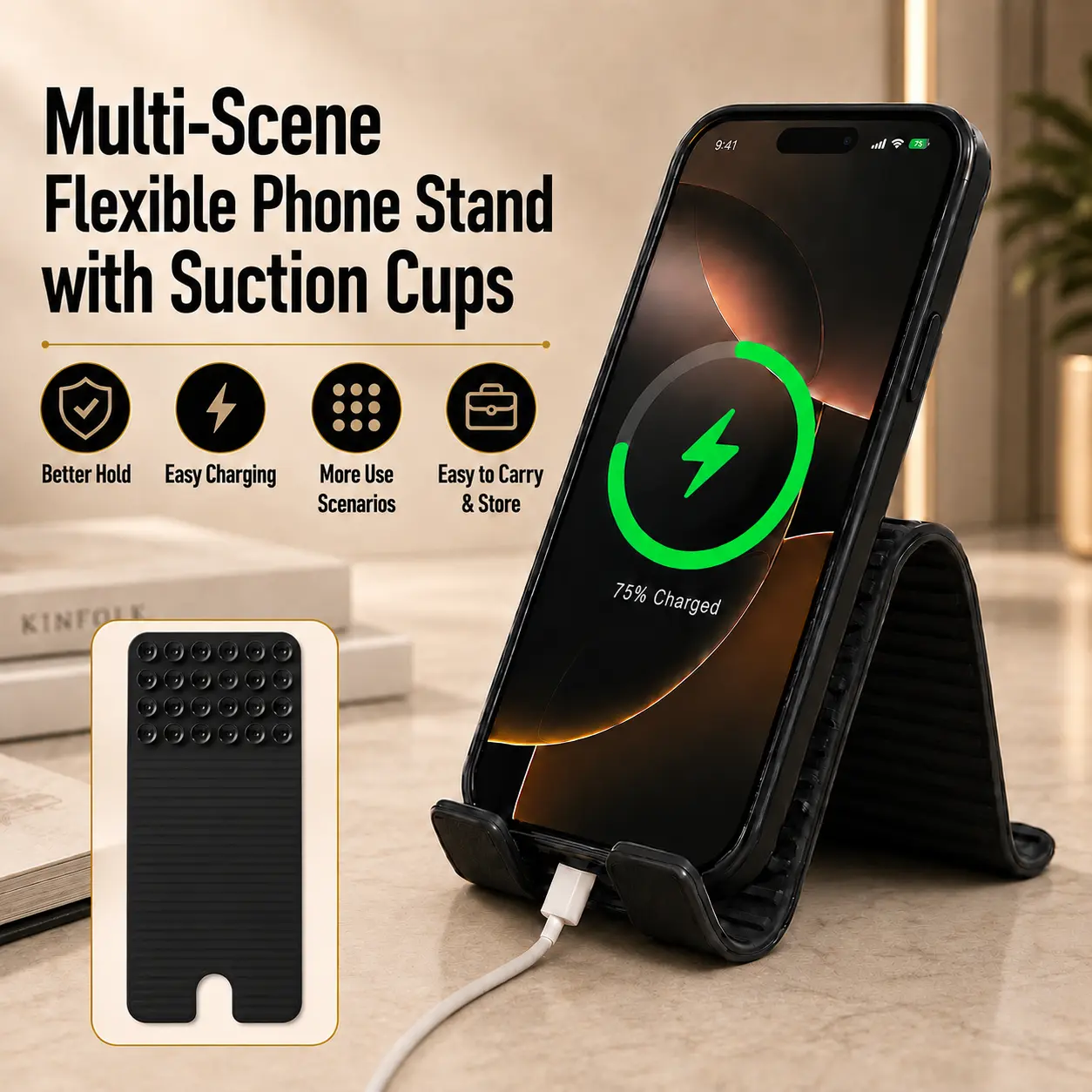 Flexible Silicone Phone Stand with Suction Cups - Durable Hands-Free Accessory, Foldable Mount with Strong Grip for Desk, Glass, Landscape Viewing