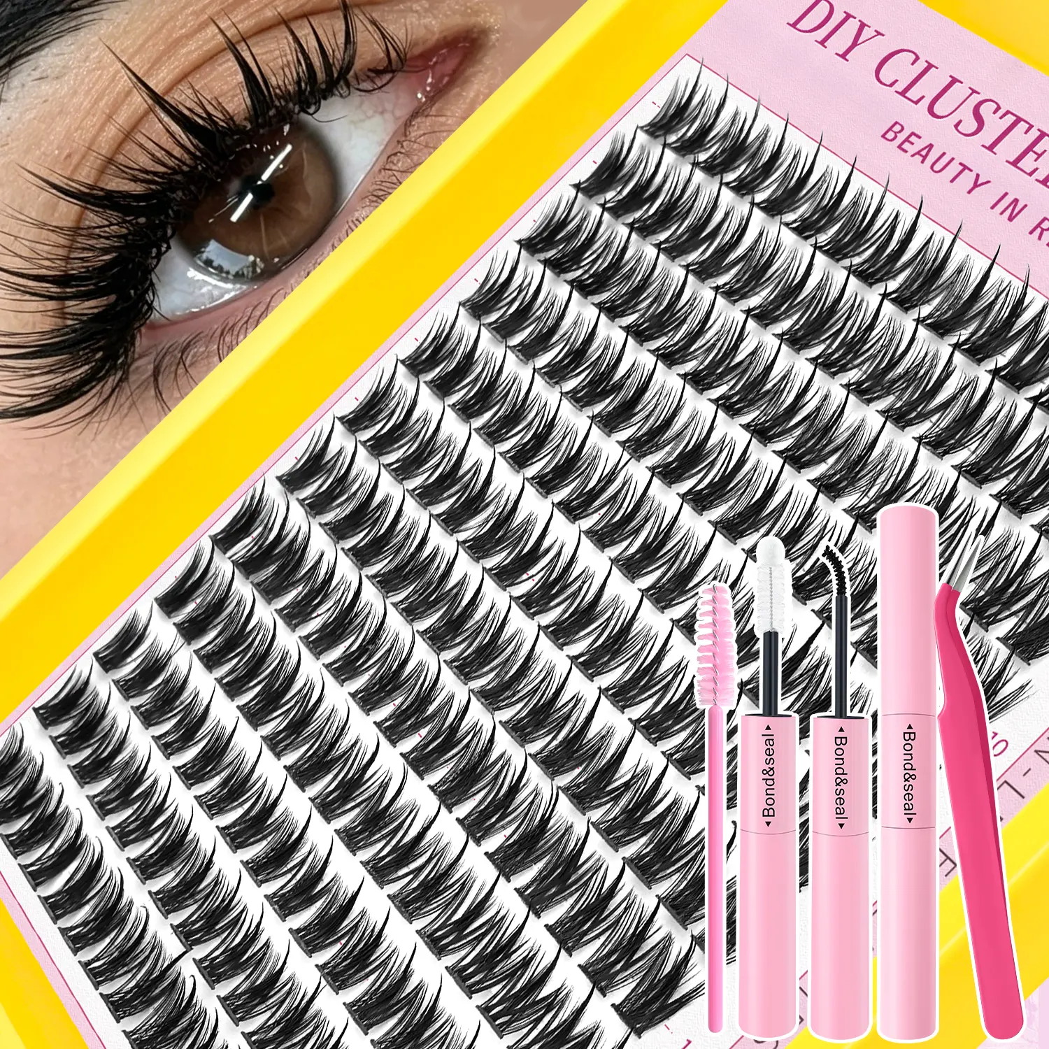 Natural Fairy Lash Clusters Kit Invisible Band Manga Lashes with Lash Bond & Seal + Eyelash Applictor, Anime C/D Curl Fluffy Long-lasting False Eyelashes Extension Kit for Beginner (Fairy-8-16mm Mixed Length) - Waterproof & Reusable DIY Lash Makeup Tools