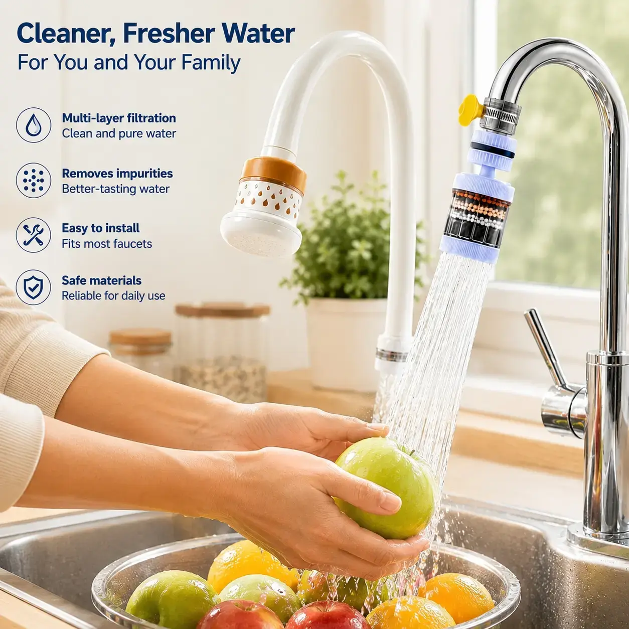 【PUREVIA】6-Layer Faucet Water Filter, 360° Rotatable Splash-Free Sink Attachment, Kitchen Faucet Filter for Washing Fruits, Vegetables & Dishes