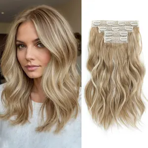 Clip In Hair Extensions, 14inch Short Wavy Synthetic Hair Extensions 4PCS Blonde Thick Hairpieces Double Weft Natural Hair Extensions for Women Beach Wavy Hair Extensions Hairpiece for Women