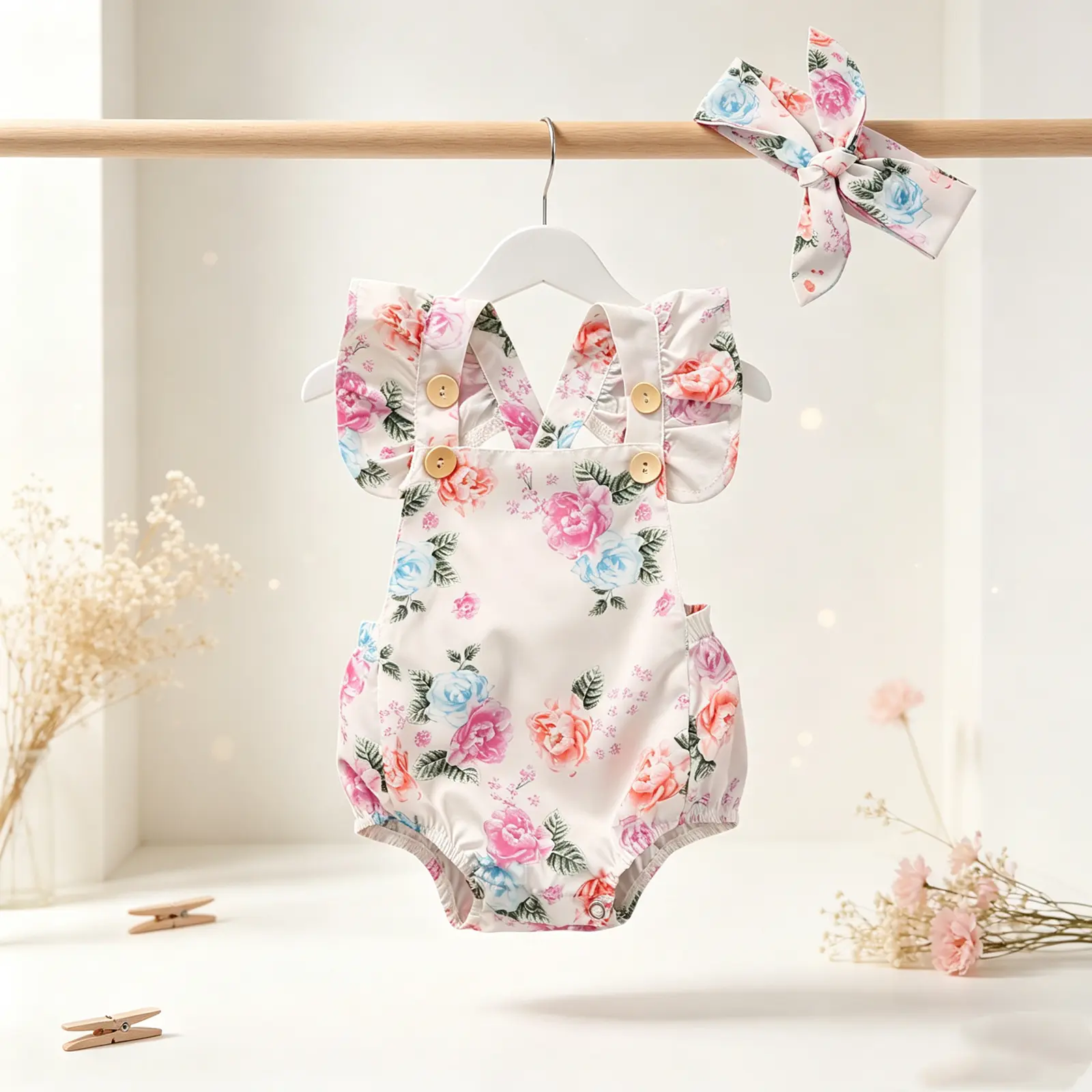 2PCS Clothes Set Newborn Baby Girls Flying Sleeve Flower Open Back Romper + Bow Headband Clothes