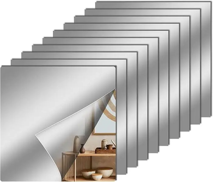 12 Pcs Acrylic Flexible Mirror Sheets, 12 x 12 in Mirrors Tiles Self Adhesive Square Cuttable Wall Stickers Non Glass Acrylic Safety Reflective for DIY Craft Home Wall Decoration