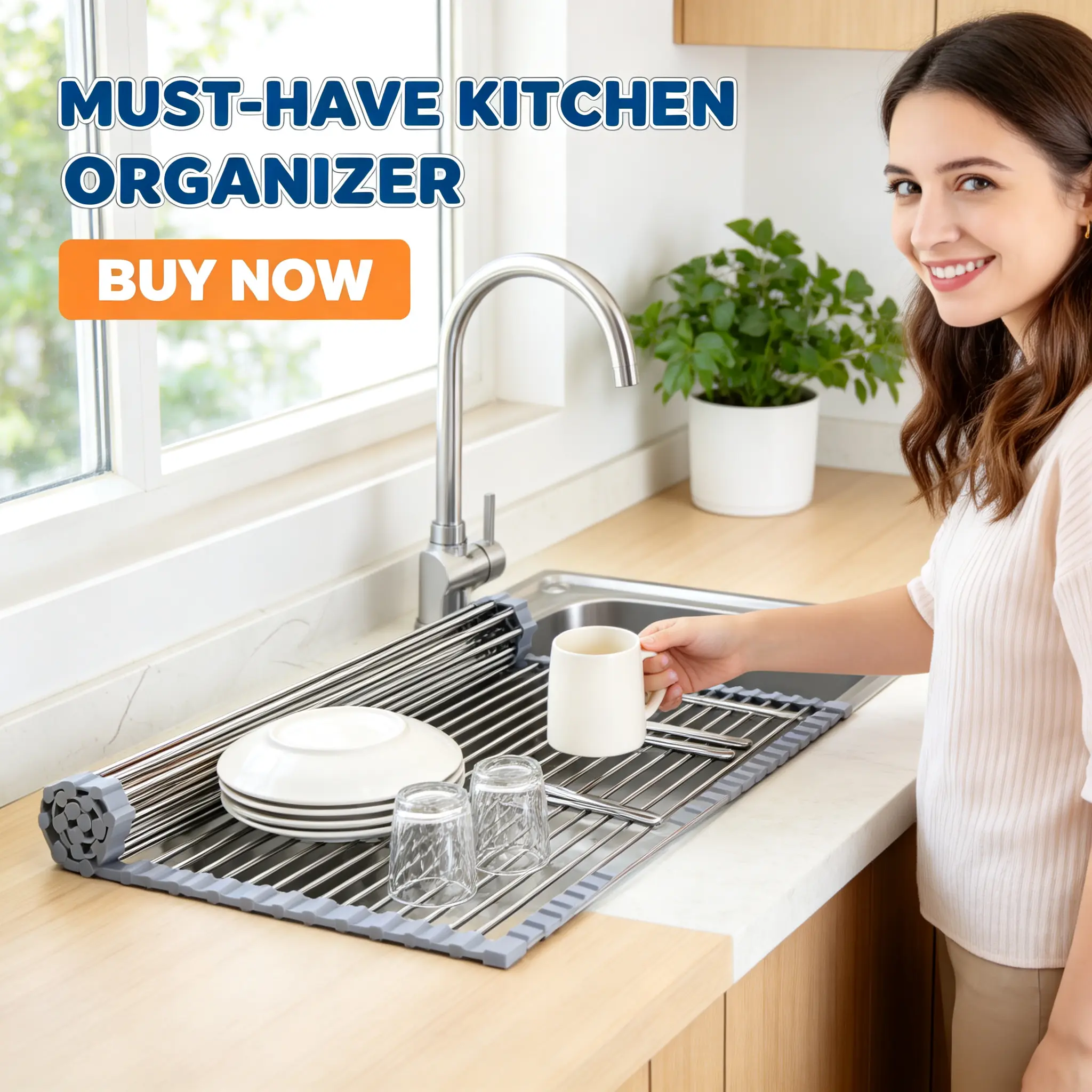 Foldable Over Sink Dish Drying Rack - 304 Stainless Steel Roll-Up, Adjustable, Easy-to-Clean, Hygienic, Heat-Resistant, Space-Saving Kitchen Organizer for Utensils, Pot Lids with Self-Draining Design, Adjustable Size, Solid Metal