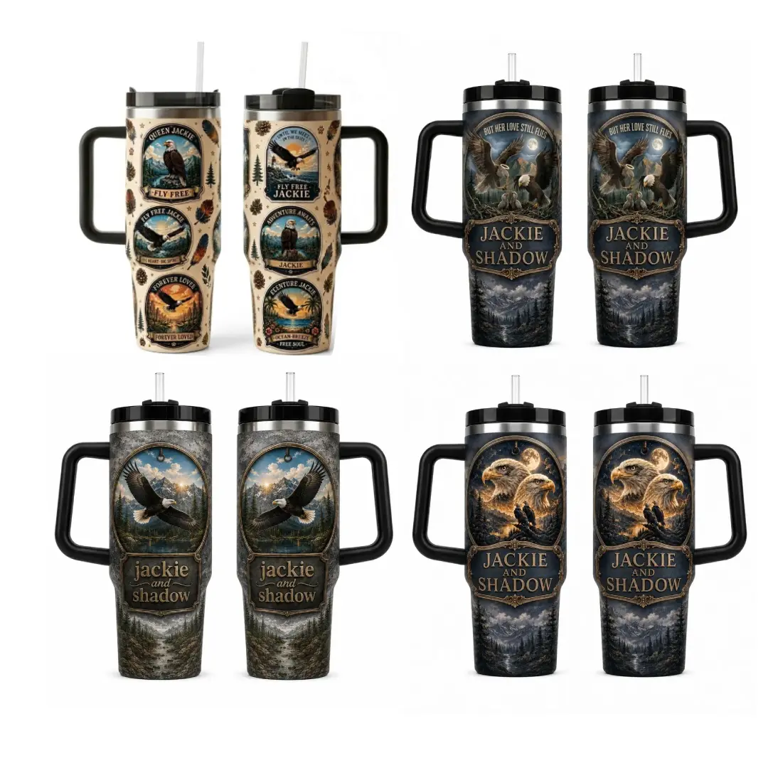 Retro Jackie and Shadow Eagle 40oz Tumbler Handle, Mountain Wildlife Travel Mug with Handle, Nature Lover Gift Cup, Fan Drinkware Gift