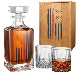 Firefighter Tactical Red Tattered American Flag Whiskey Decanter Gift Set