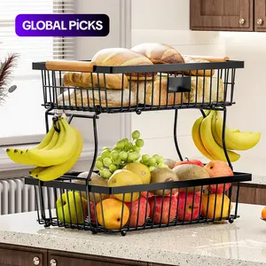 Kitchen Fruit & Vegetable Storage Rack, 2-layer Metal Storage Basket with Hook, Multifunctional Storage Rack for Kitchen & Bathroom, Double Tiers