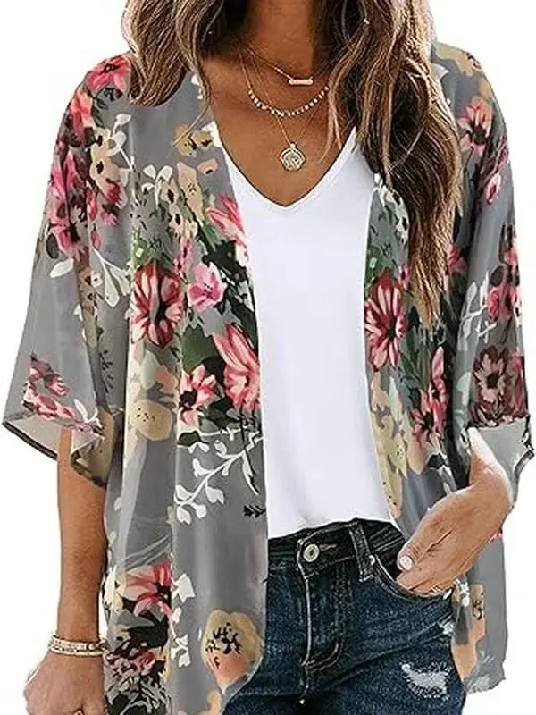 Women's Floral Print Puff Sleeve Kimono Cardigan Loose Cover Up Casual Blouse Tops