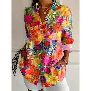 Spring/Summer Blouse - Floral Print - Stylish Women's Shirt with Lapel Collar and Patched Details - Vibrant Long Sleeve for Adults, Casual Yet Sophisticated Style