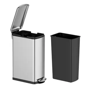 Garvee Smudge Resistant Rectangular Trash Can with Soft-Close Foot Pedal, Brushed Stainless Steel, Anti-Fingerprint, 30 Liter/8 Gallon Capacity, Satin Nickel Finish, Dimensions 17.32"L x 9.45"W x 23.82"H