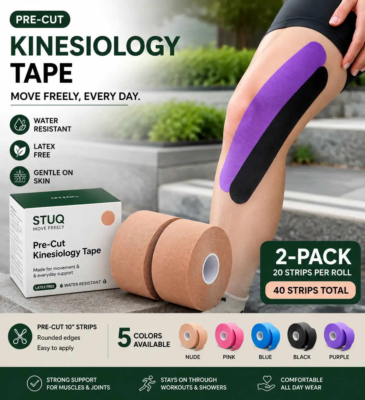 Kinesiology Tape, Pre-Cut Strips STUQ 40 Count 2 Rolls, Original Cotton Elastic Athletic Tape for Muscle Strain Relief & Joint Support, Waterproof & Breathable Sports Tape