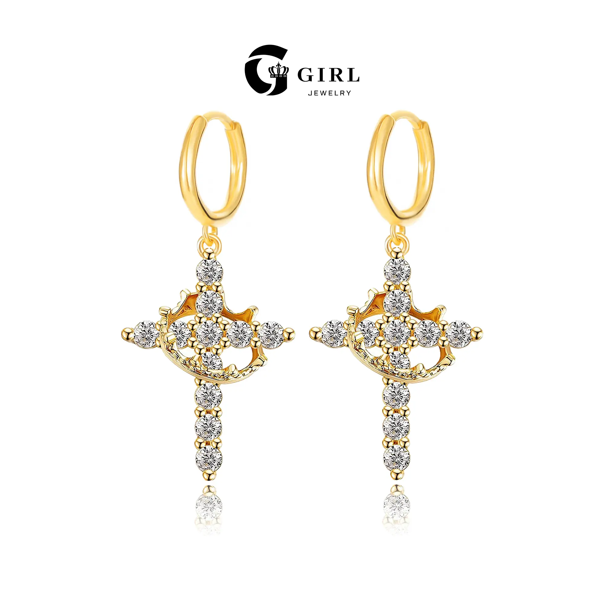 GGIRL 18K Gold Plated Crown Cross Earrings for Women Dainty CZ Pendant Hypoallergenic Non Tarnish Trendy Jewelry Casual Style Fashion Jewelry Gift for Holiday Haul Christmas Birthdays Anniversaries