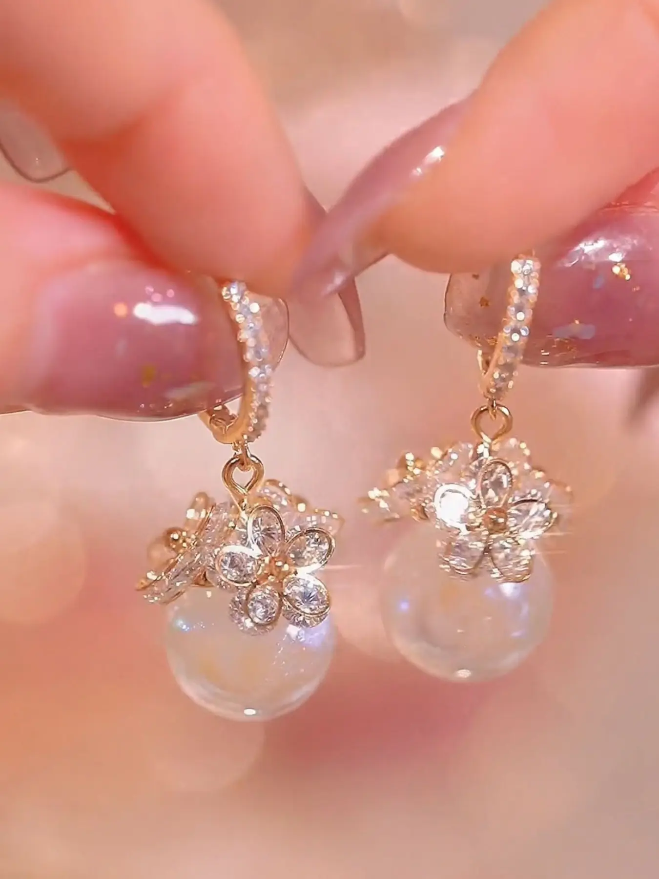 Elegant Faux Pearl Earrings with Sparkling Artificial Zircon, Dangle Hoop Earrings For Women, High Quality Earrings, Perfect Birthday Anniversary Gift for Women, Jewelry Gifts, Copper Inlaid Zircon, Fashionable Jewelry Accessories