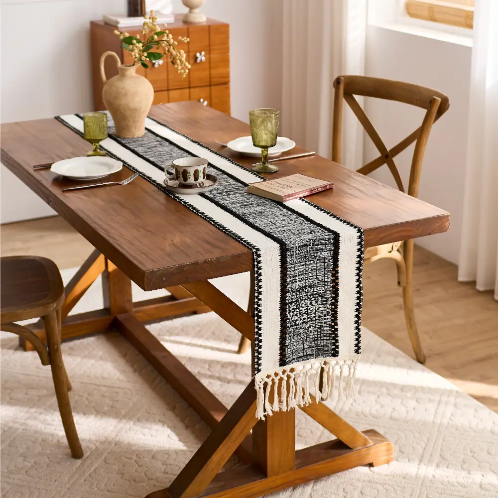 DRAGUE Boho Farmhouse Table Runner with Tassels, Black White Gray Striped Woven Runner, 11.8 x 72/108 in, Rustic Dining Table Decor for Kitchen, Coffee Table and Dresser