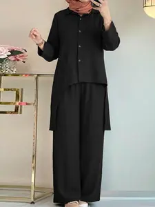 Women's Casual Suit, Notched Long Sleeve Asymmetrical Shirt + High-Waist Wide-Leg Pants, Two Piece Set Women, Loose-Fitting, All-Seasons, Daily Wear