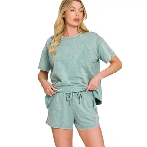 Zenana French Terry Acid Washed Front Pocket Top and Shorts Set