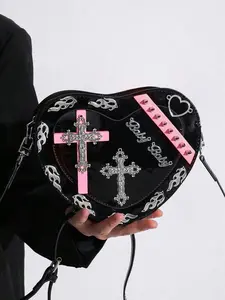 Punk-style Heart-shaped Bag, Stylish Bag, Double Cross Metal Decoration, Flame Pattern Black and Pink Rivets Contrast Color Shoulder Crossbody Strap Bag, Halloween First Choice, Suitable for Daily Travel