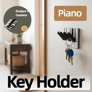 2PCS Creative Piano Key Wall Mounted Rack | Modern Space-Saving Entryway Key Holder, Storage Hooks, Musical Themed Wall Decor, Holds Keys/Rings/Bluetooth Earbuds (Adhesive/Screws Not Included, Key Rack + Coasters Included)