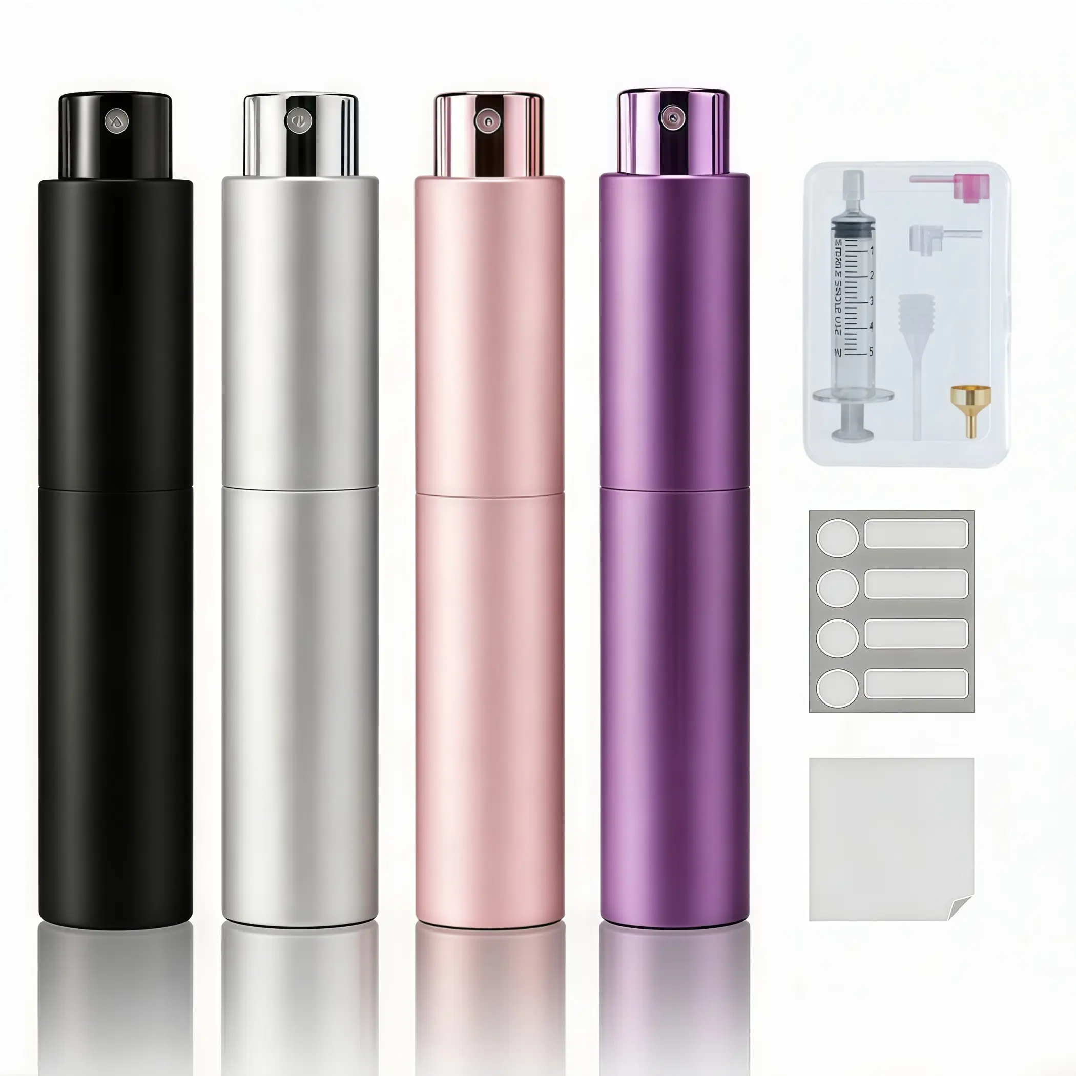 YELDFEERO 10ml Travel Perfume Bottle Refillable, Cologne Travel Bottle, Empty Atomizer Spray Dispenser, Portable Sprayer Travel Essentials for Men and Women (4PCS Black, Silver, Blue, Gold)