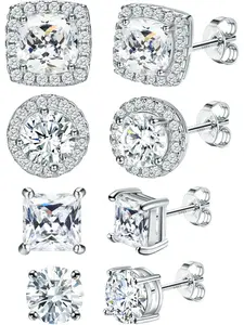 925 Sterling Silver Earrings Hypoallergenic Gold Silver Stud Earrings Zircon 6-10 mm Large Round Square Diamond Earring for Women Men Girls Diamond Studs