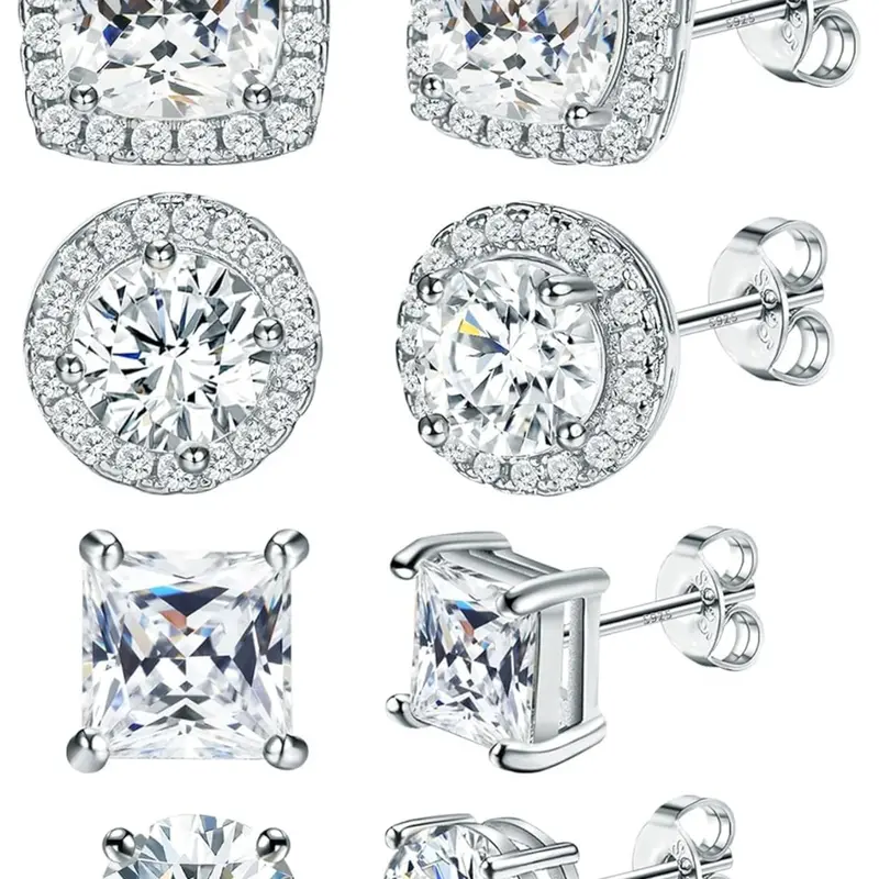 Hypoallergenic Stud Earrings Zircon 6-10 mm Large Round Square Diamond Earring for Women Men Girls