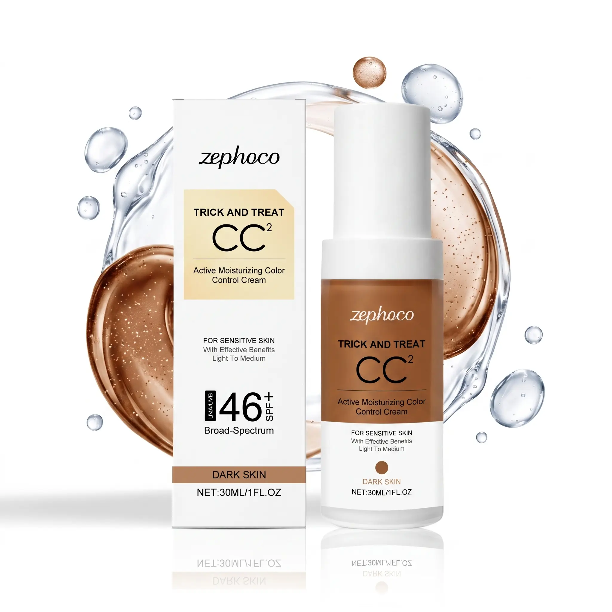 30ml Dark Matched CC Cream with SPF46+ Sunscreen - Pump Bottle Color Correcting Tinted Moisturizer, Hydrates & Shields, For Sensitive Skin