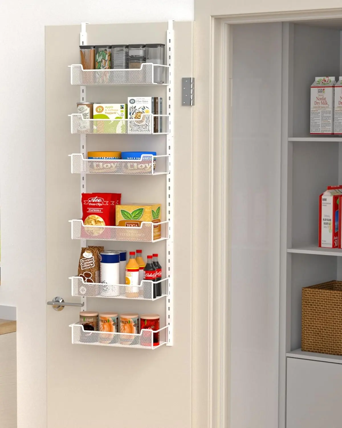 12.3" Narrow Over the Door Pantry Organizer | 6-Tier Adjustable Basket Spice Rack | Space-Saving Kitchen & Pantry Organization bedroom bathroom laundry room