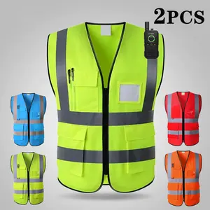 2Pcs High Visibility Safety Vest with Pockets, Mic Tab, Reflective Strips and Zipper, ANSI/ISEA Standards(Yellow\Red\Blue\orange) High Visibility
