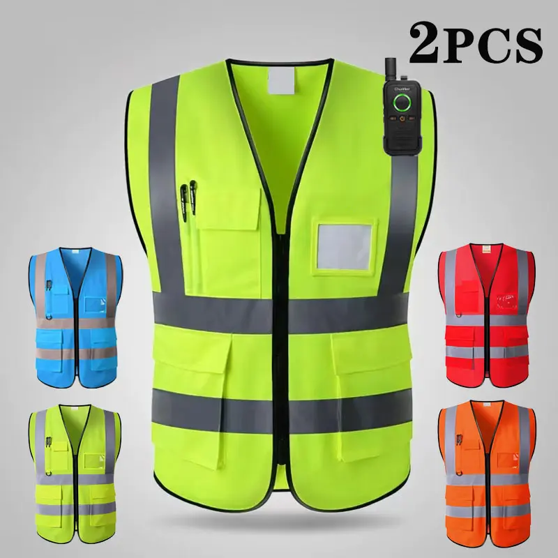 2Pcs Lightweight Sleeveless Zip-On Safety Vest - ANSI/ISEA Compliant Work Safety Gear with Pockets, Mic Tab, Reflective Strips, Zipper - Construction Gear for Warehouse, Outdoor Renovation, Engineering Work