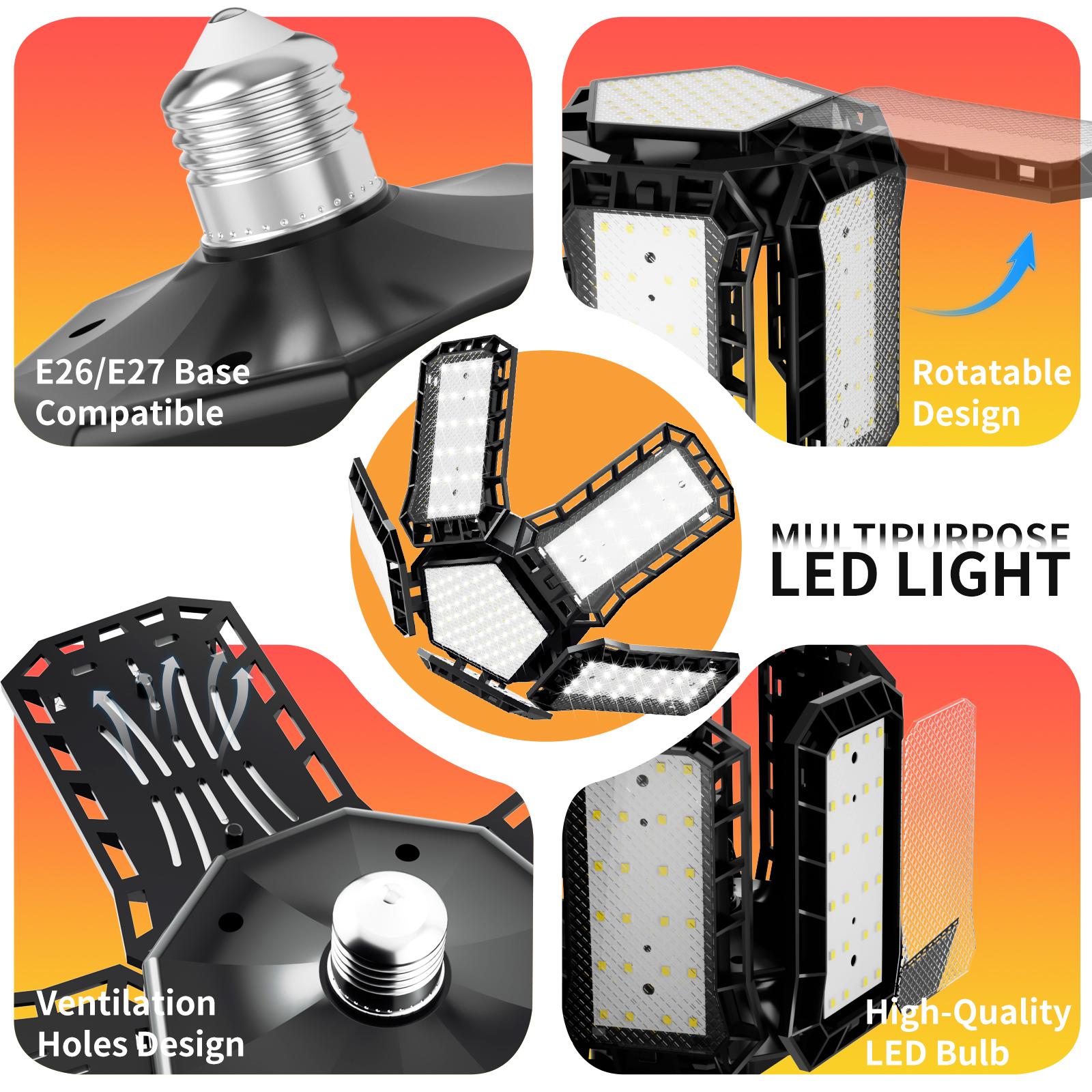Adjustable Deformable  Five-Leaf Garage Light，360° ultra-bright omnidirectional lighting Universal fit for E26/E27 sockets Tool-free installation in seconds Efficient heat dissipation Perfect for household, garage, commercial and industrial applications