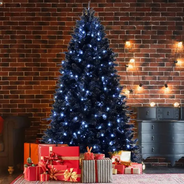 7.5ft Black Christmas Tree for Halloween & Holiday Decor, Pre-Lit with White LED Lights, Artificial Hinged Tree with Stable Metal Stand, Gothic Party Decor