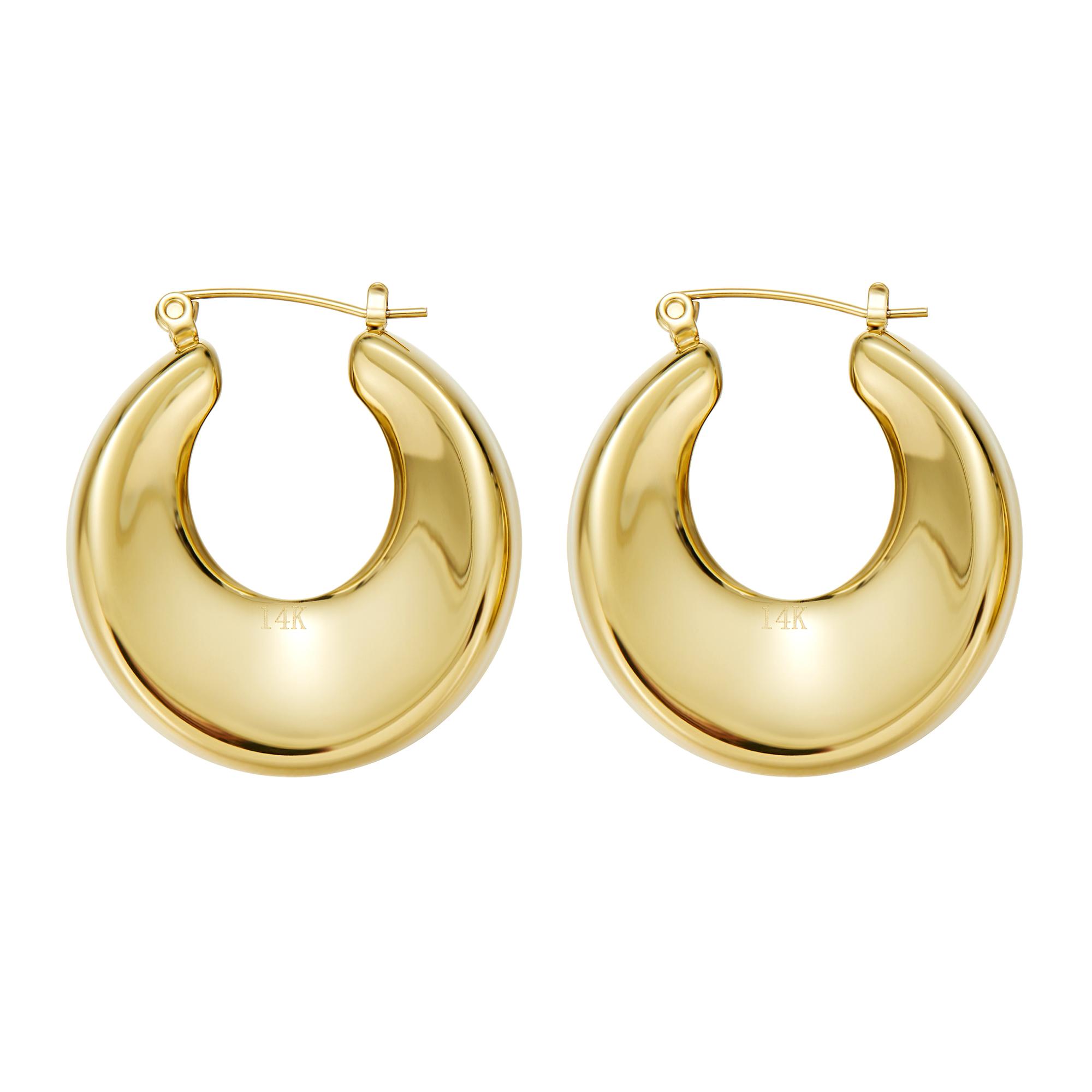 14K Real Gold Plated Chunky Hoop Earrings for Women Simple Handmade Hypoallergenic Gold Hoops Flatback Stud Earring Thick Hoops Trendy Jewelry