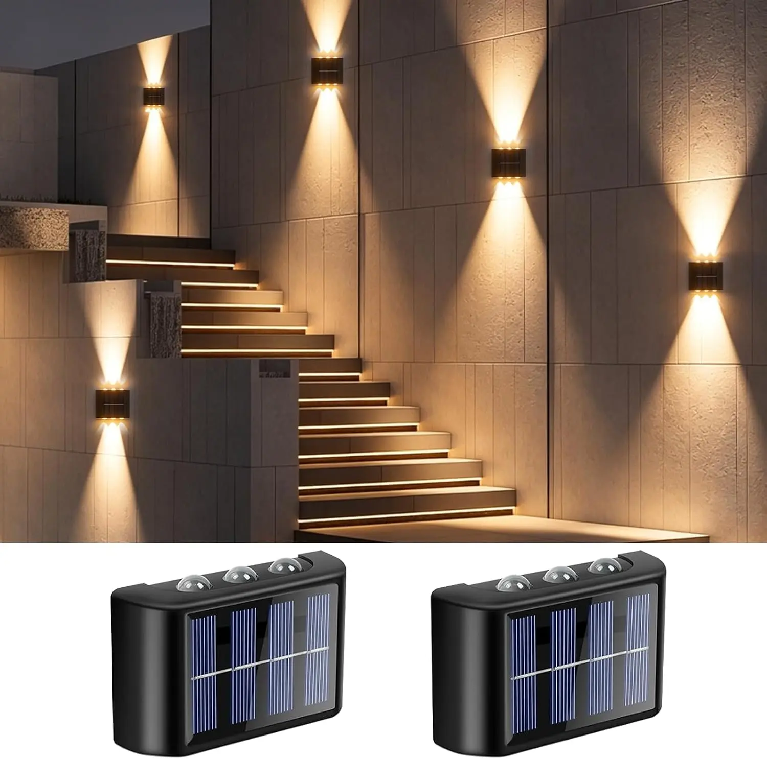 1/2/4-Pack 6LED Solar Wall Lights Outdoor– Up & Down LED Accent Lighting,Solar Fence Lights Outdoor,Auto On/Off, for Garden, Deck, Fence, Porch, ABS+PC Weatherproof Build