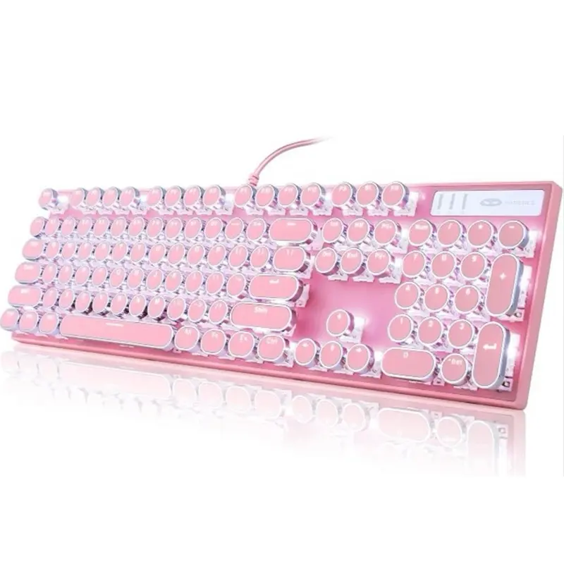 Typewriter Style Mechanical Gaming Keyboard, Pink Retro Punk Gaming Keyboard with White Backlit, 104 Keys Blue Switch Wired Cute Keyboards, Round Keycaps for Windows/Mac/PC