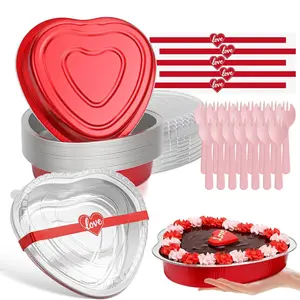 8 Inch Heart Shaped Cake Pans with Lids and Spoons,15pcs 33oz Aluminum Foil Disposable Heart Baking Cups,Cupcake Liners Tins Containers for Parties, Weddings