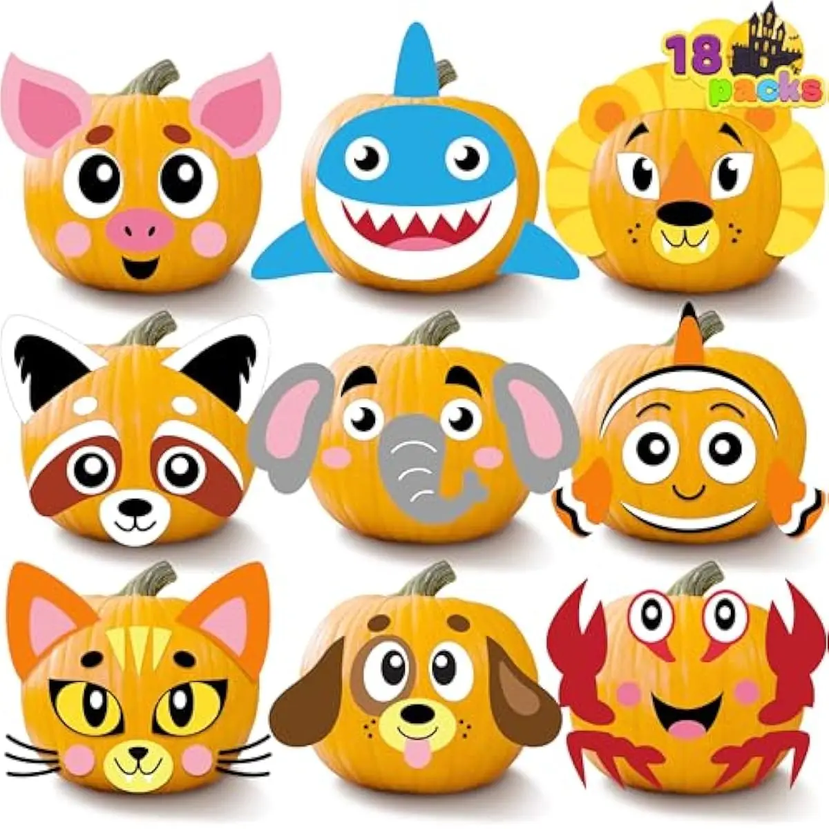 JOYIN 18 Packs Halloween Pumpkin Decorating Stickers Craft Kit, Halloween Party Supplies Arts Activities, Kids Party Favors, Jack O Lantern Foam Face Sticker in 9 Animal Designs, Classroom Games