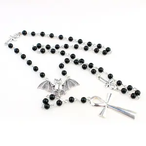 Ankh Cross Bat Pendant Necklace Goth Rosary Beaded Jewelry