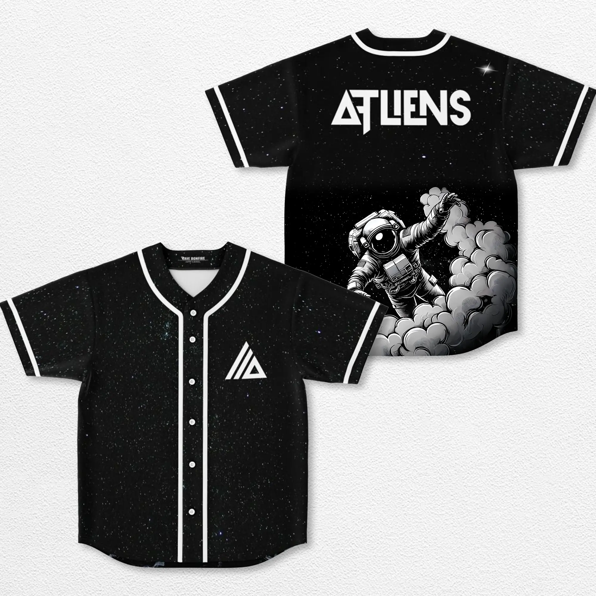 ATLiens Baseball Jersey, Black Galaxy Spaceman Shirt, Heavy Dubstep Basshead Headbanger Merch, Lost Lands EDC Festival Outfit, Outer Space Astronaut Triangle Logo Button Down Top, EDM Music Lover Unisex Rave Apparel