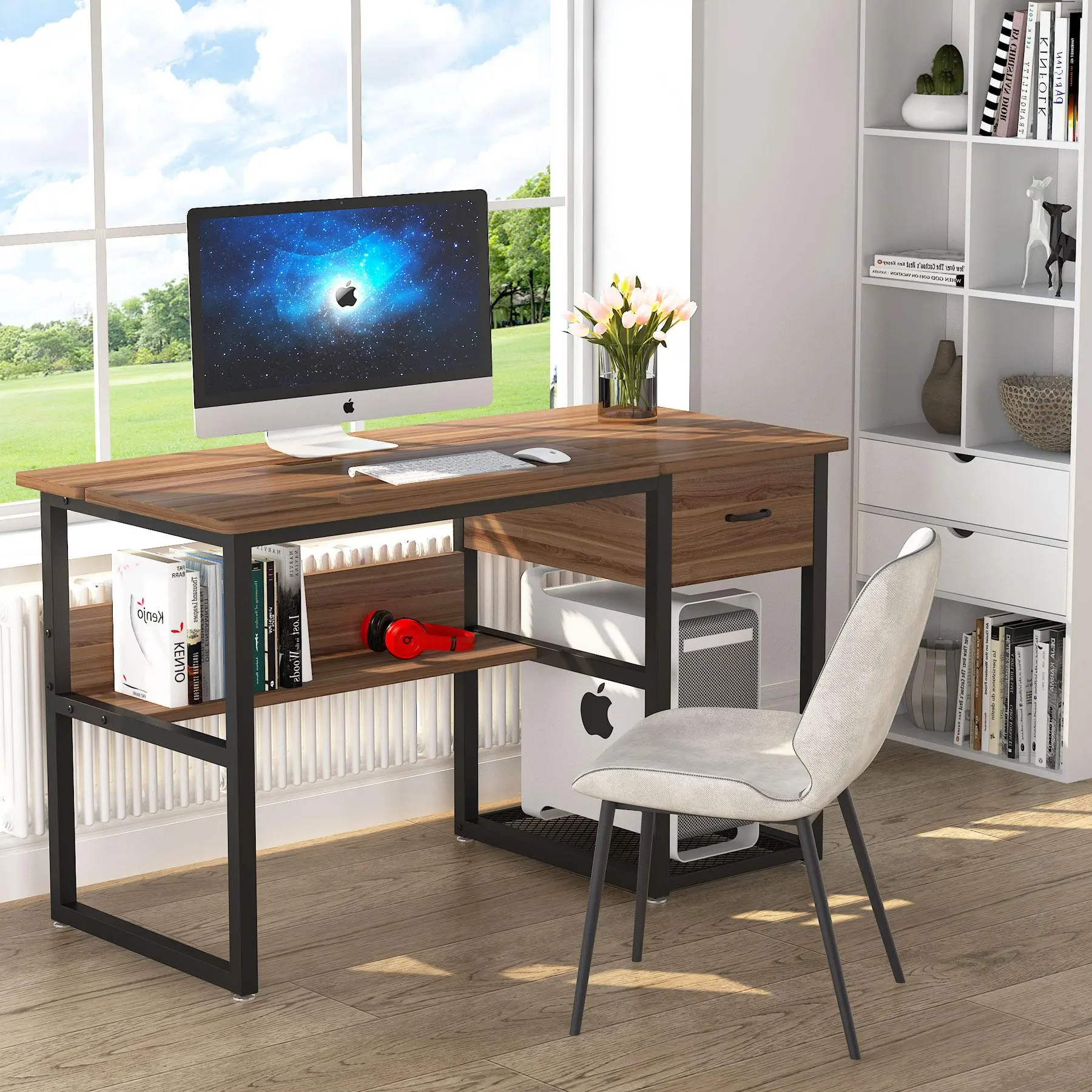 TRIBEWOOD Heavy Duty Metal Frame Adjustable Height Drafting Table - 0.6” Thick Adjustable Top, Tiltable Tabletop, Storage Drawers, Shelves, Bottom Shelf, Assembly Required, WFH Setup Office Furniture Workstation for Home Use, College Dorm