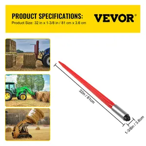 【Spotlight Day】VEVOR Hay Spear 32" Bale Spear 1350 lbs Capacity, Bale Spike Quick Attach Square Hay Bale Spears 1.4" Wide, Red Coated Bale Forks, Bale Hay Spike with Hex Nut & Sleeve for Buckets Tractors Loaders