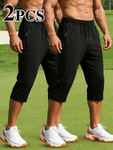 Men’s 2-pack three-quarter pants — new summer lightweight loose joggers/outdoor casual pants with drawstring waist and zippered pockets; suitable for casual wear, sports, holidays, commuting, gym, basketball, and camping.