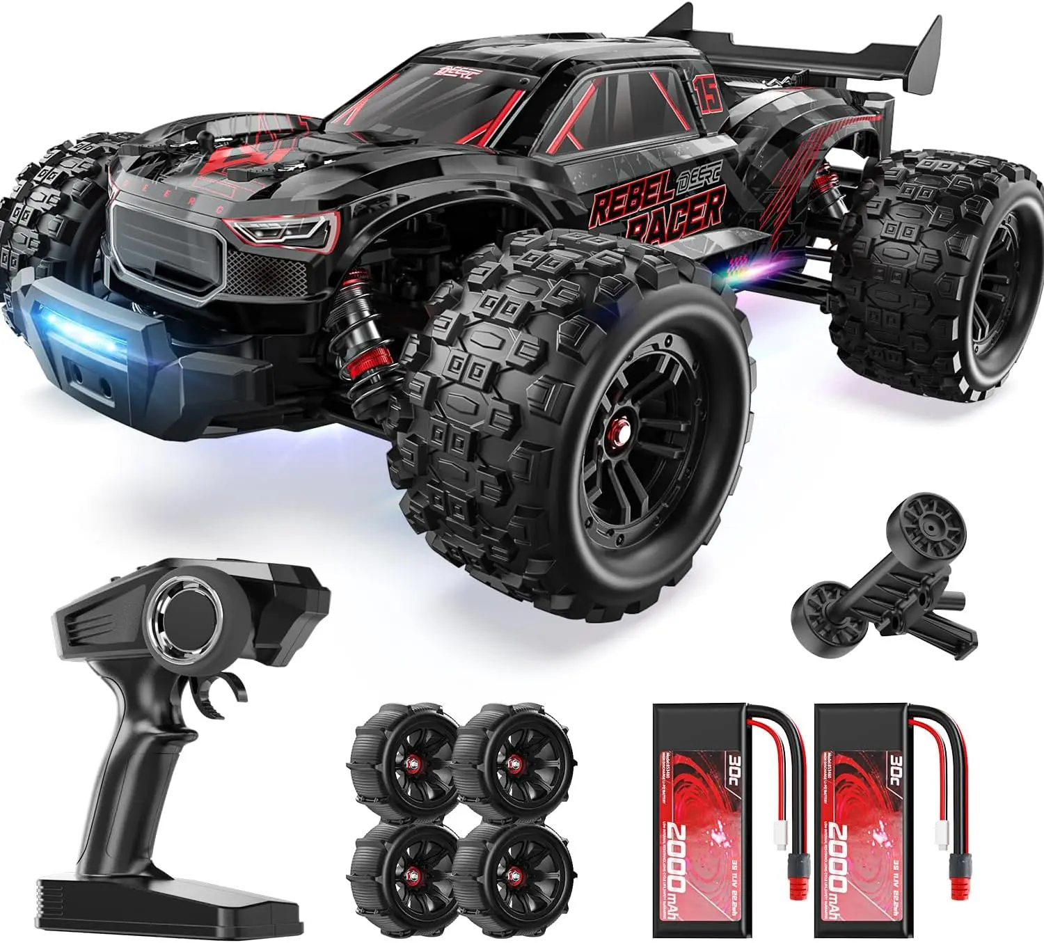 DEERC 1:14 Fast Brushless RC Cars, Max 50+ MPH, 2 3S Lipo Batteries 4x4 Waterproof RC Truck, All Terrain RC Truggy for Snow,Sand & Mud,  Rock Crawler summerwins