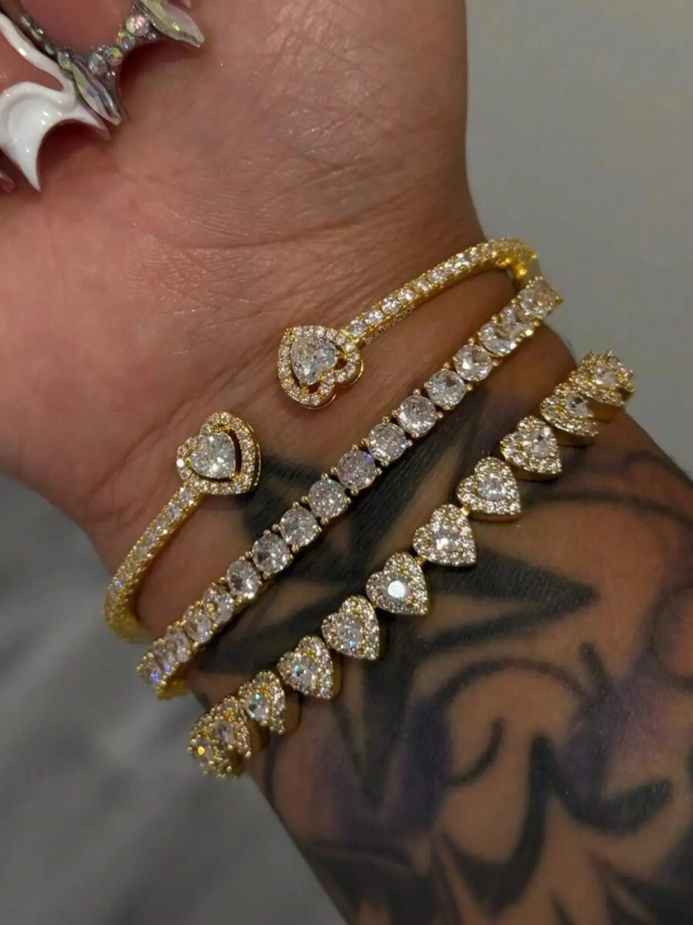 3-Piece Heart-Shaped Stackable Copper Bracelet Set, 14K Gold Plated, Embedded Cubic Zirconia, Ideal Gift for Women, Exquisite Bracelet, Heart Design Bracelet, Fashion Bracelets, Fashion Wrist Jewelry