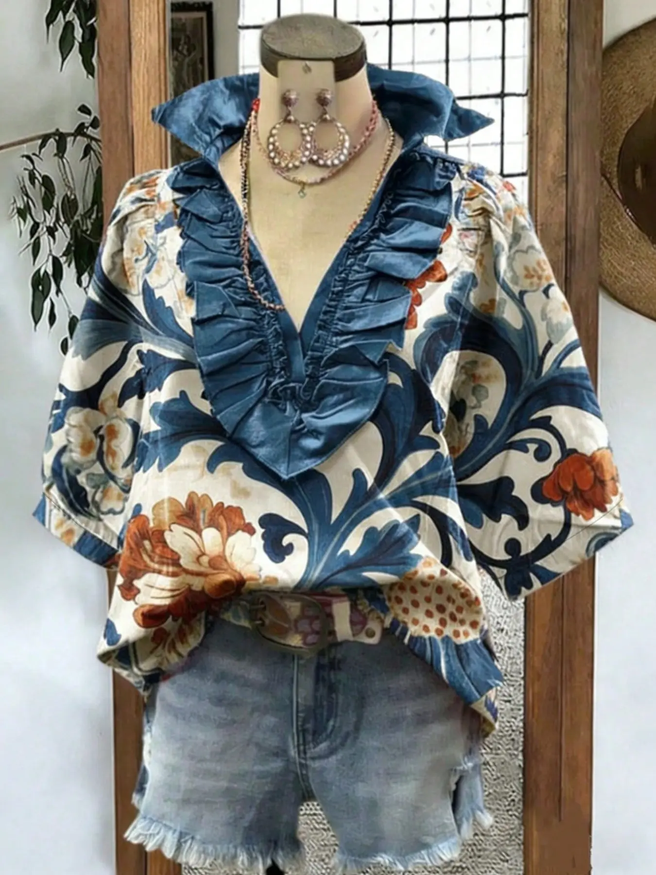 Elegant Women's Summer Shirt Blouse Top, Blue Floral Print V-Neck Ruffle Half Sleeve, Party or Date Wear, Versatile and Stylish Design