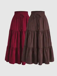 Women's 2 Piece Set, Casual Fitted Long Skirt with Drawstring and Layered Ruffles, Thin Woven Fabric, Plain Pattern, All Seasons Wear