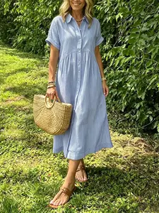 Loose Fit Striped Short Sleeve Dress, Women's Summer New Casual Wear Cotton Linen Midi Skirt, Blue Striped Collared Shirt Dress, Lapel Pocket Design, Casual Chic Dress, Womenswear