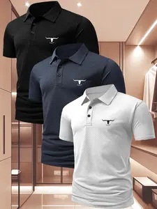 Men's Summer Plaid Short Sleeve Casual Polo Shirt 3 Pack, Fashionable Stretch Fabric, Bull Head Print, Versatile Daily Wear