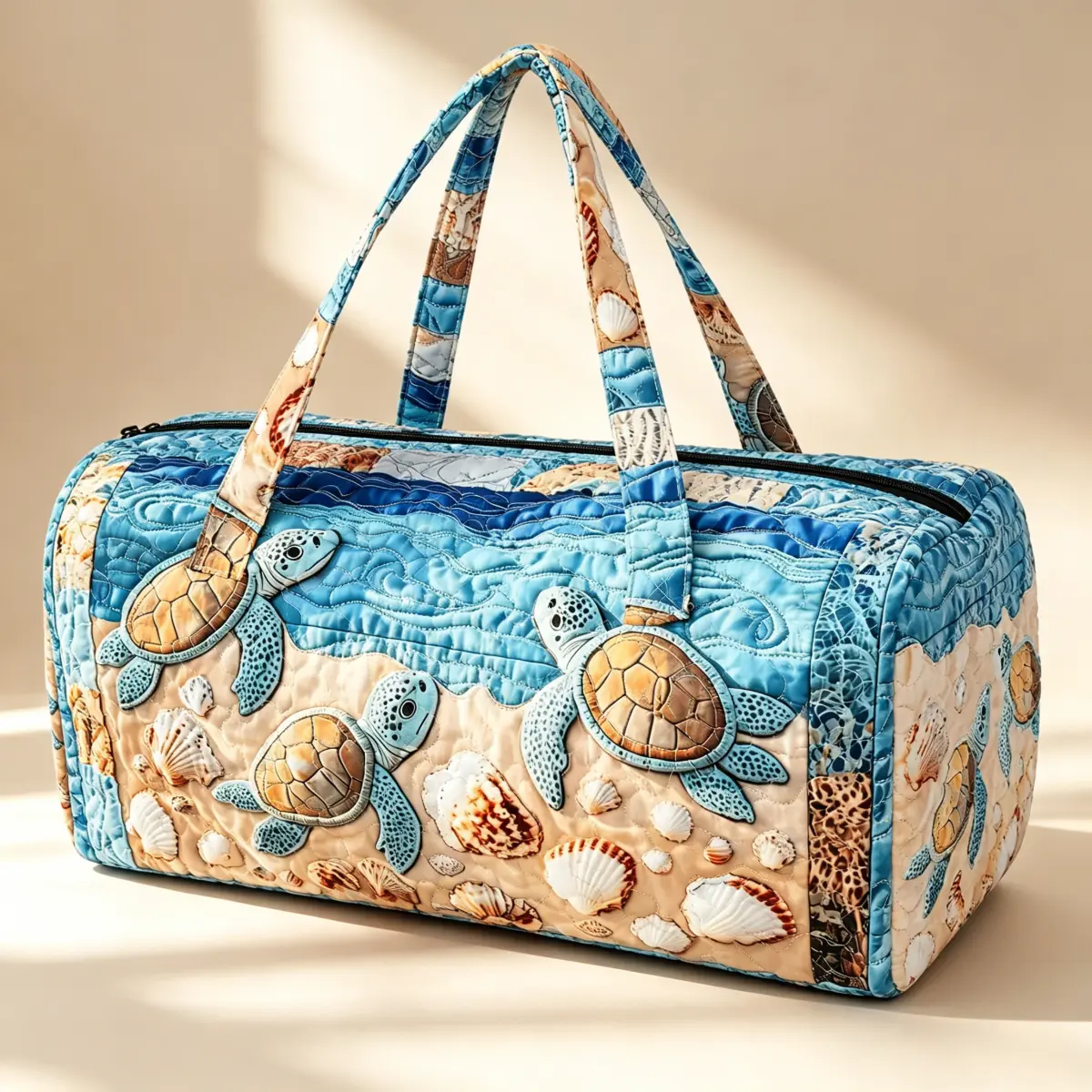 Quilted Sea Turtle Sporty Gym Bag - 21in Ocean Print Duffel with Zipper Closure, White Lined Interior, Inner Zipper Pocket for Outdoor Trips, Gym Bags, Sporty Gym Bags