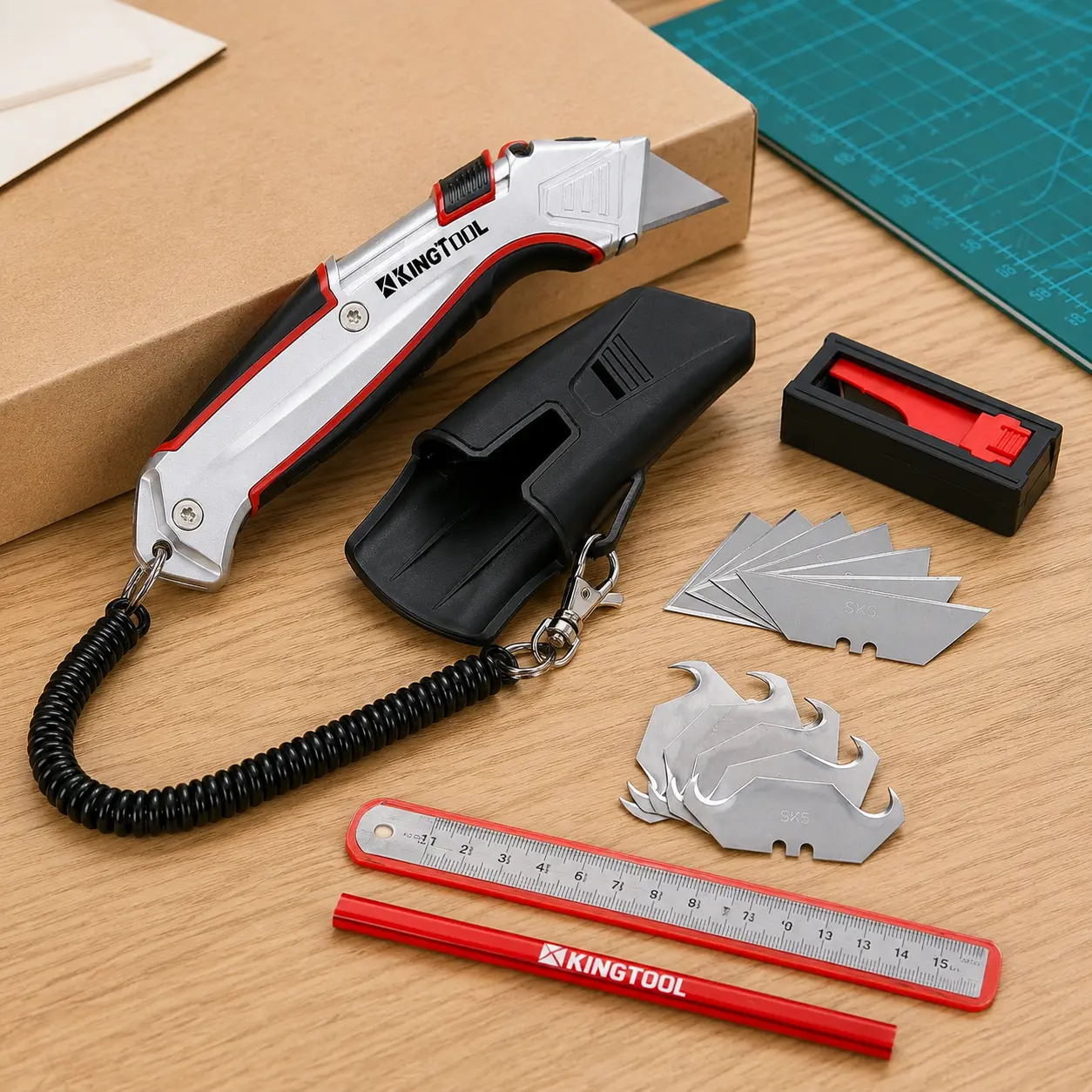Self-Retracting Box Cutter with Holster & Belt Clip, Auto Retractable Safety Utility Knife with Total 10PCS SK5 blades, Aaluminum Shell with Rubber Grip, Sturdy & Strong toolupgrade